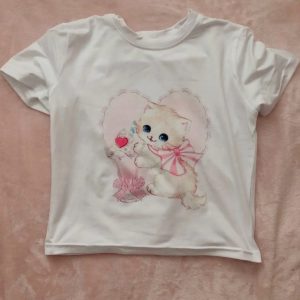 White Kitten Graphic Baby Tee - Y2K Clothing