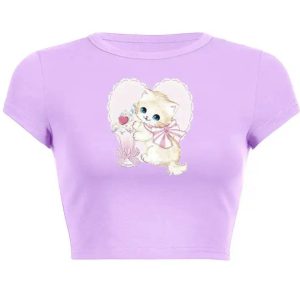 White Kitten Graphic Baby Tee - Y2K Clothing