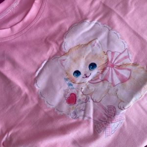 White Kitten Graphic Baby Tee - Y2K Clothing