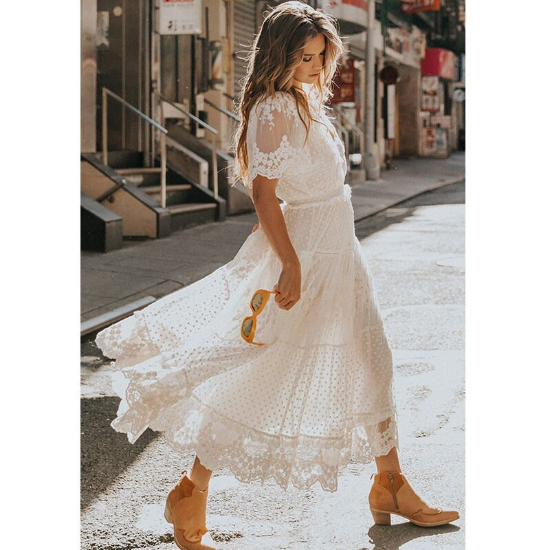 White Lace Bohemian Maxi Dress for Women