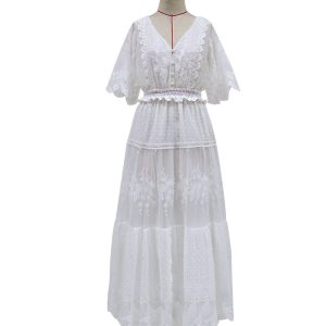 White Lace Bohemian Maxi Dress for Women