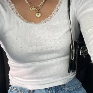 White Lace Long Sleeve Top - Y2K Clothing