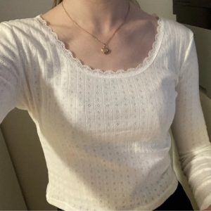 White Lace Long Sleeve Top - Y2K Clothing