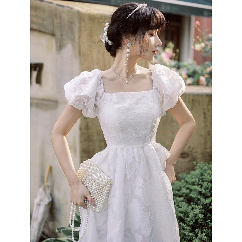 White Lace Puff Sleeve Midi Dress - Y2K Clothing