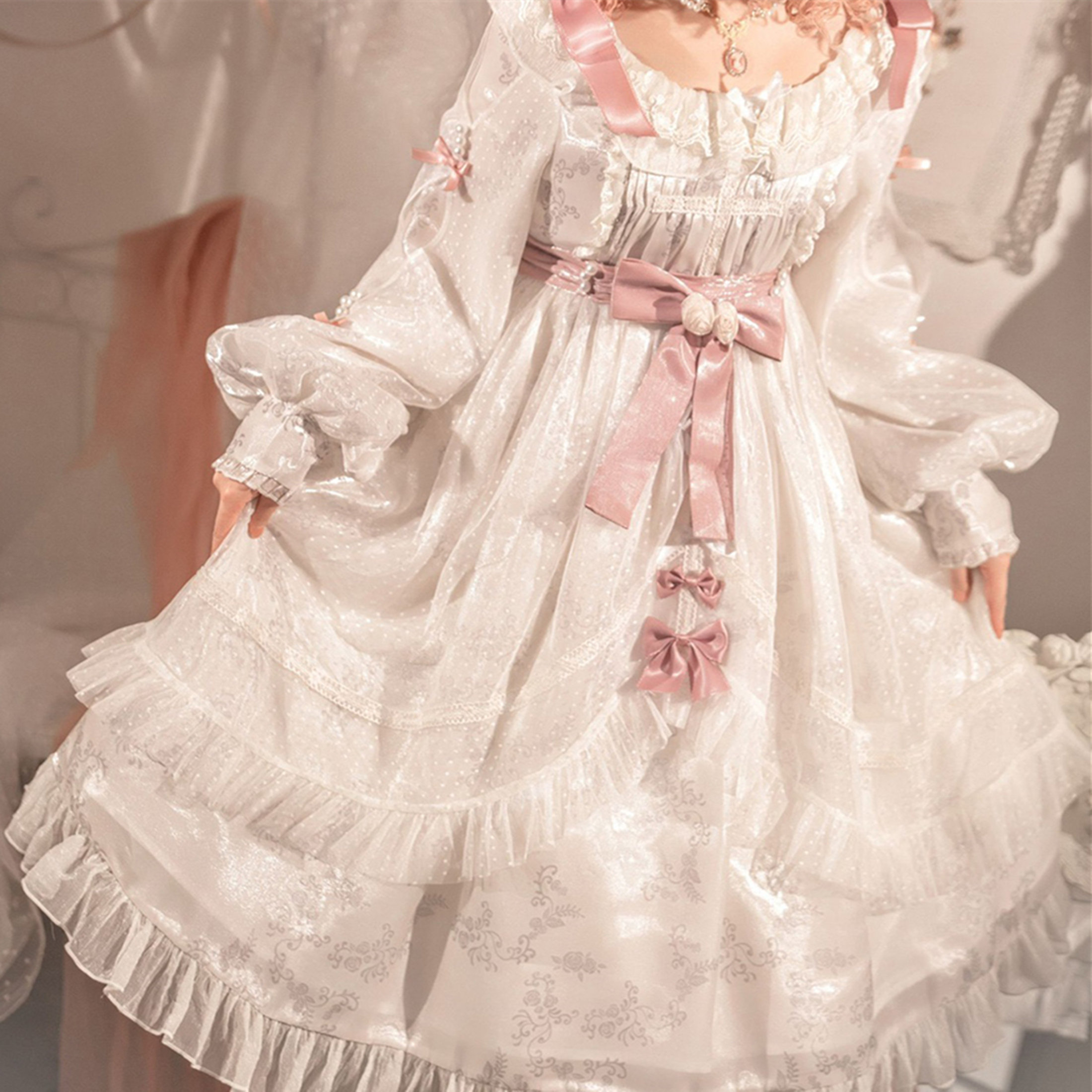 White Lace Puffy Sleeve Party Dress - Y2K Clothing