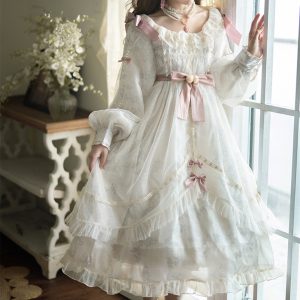 White Lace Puffy Sleeve Party Dress - Y2K Clothing