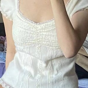 White Lace Ruched Baby Tee - Y2K Clothing Fashion