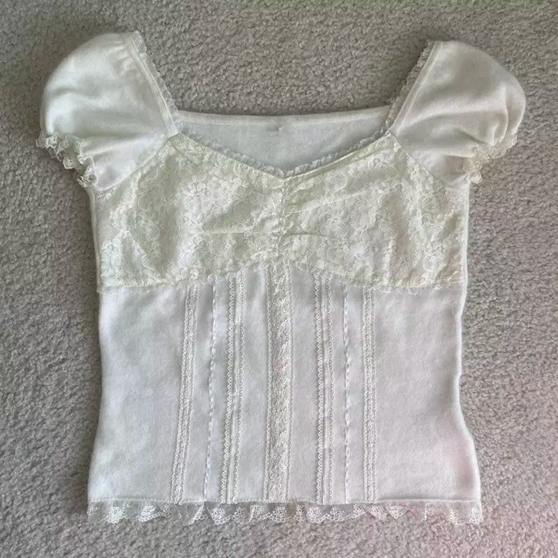 White Lace Ruched Baby Tee - Y2K Clothing Fashion