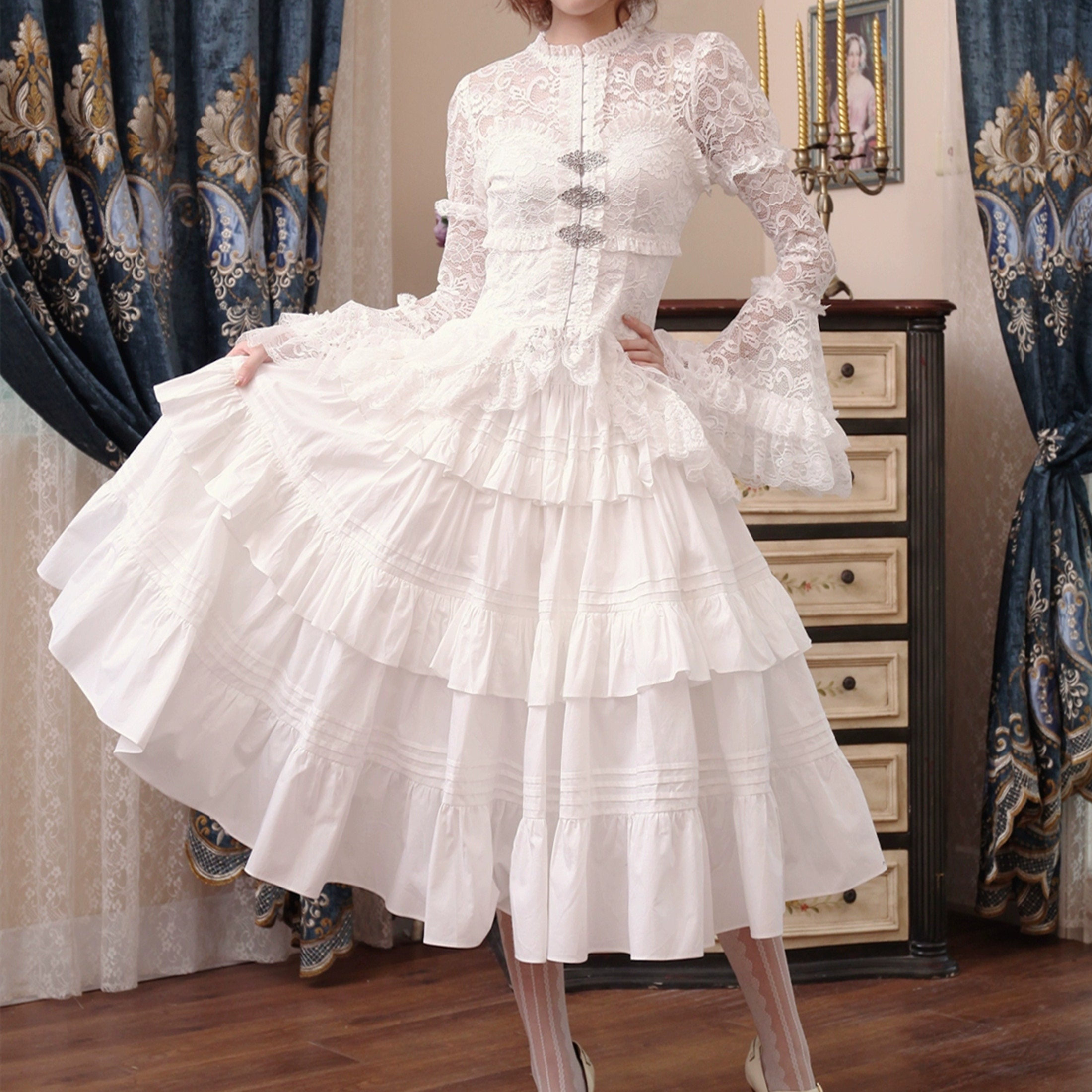 White Lace Shirt with Ruffle Skirt - Y2K Clothing