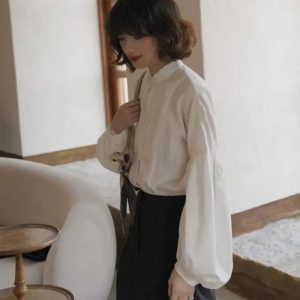 White Lantern Sleeve Blouse - Y2K Clothing