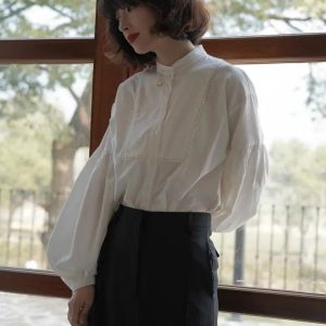 White Lantern Sleeve Cotton Satin Blouse