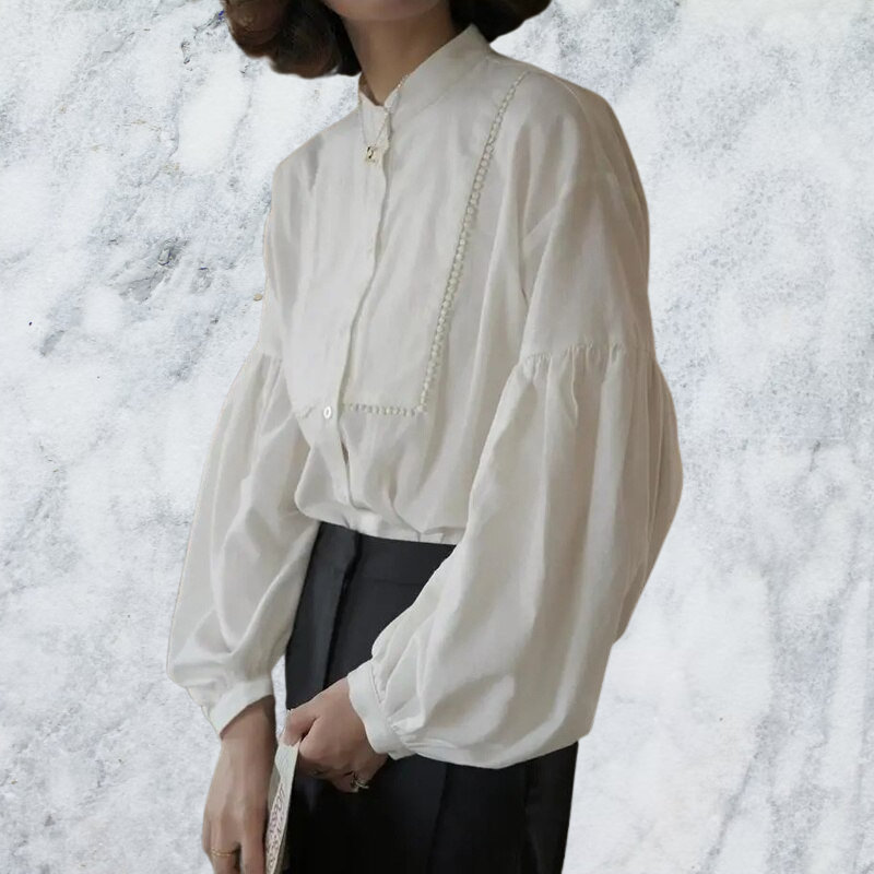 White Lantern Sleeve Cotton Satin Blouse