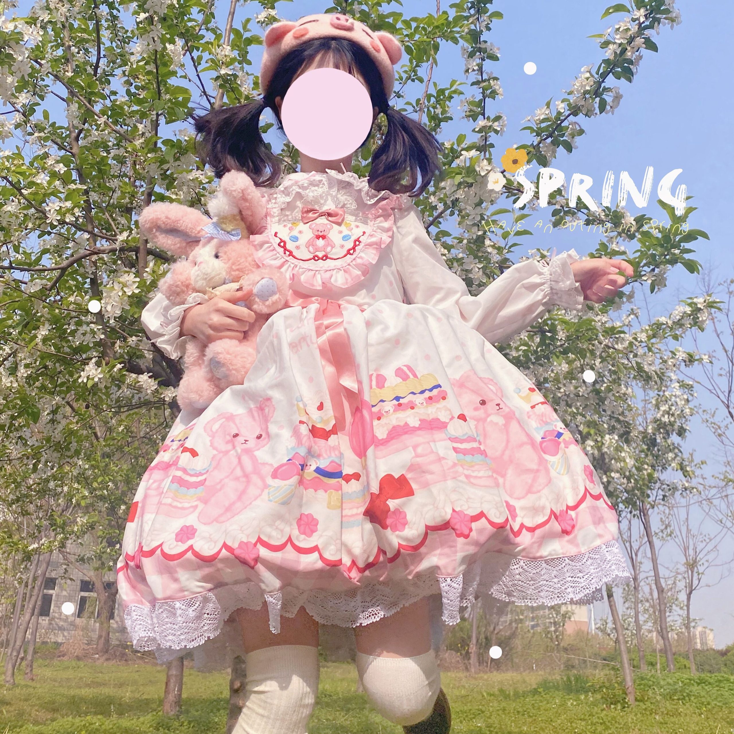 White Lolita Dress with Cute Bear and Fairy Elements