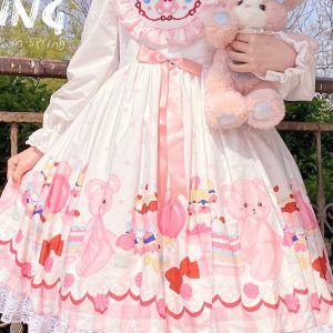 White Lolita Dress with Cute Bear and Fairy Elements