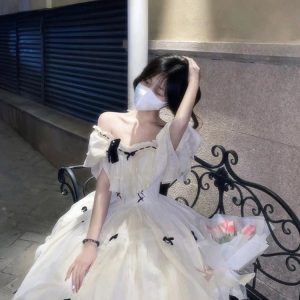 White Puff Sleeve Lolita Dress - Y2K Clothing