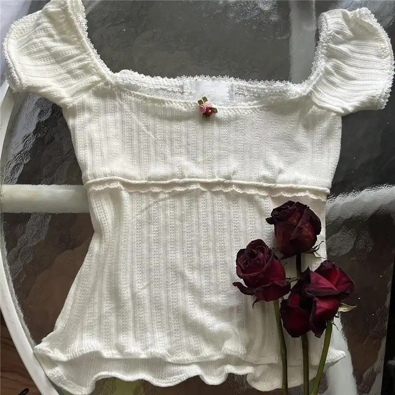 White Rose Coquette Cotton Top - Y2K Clothing