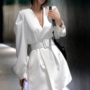 White Vintage V-Neck Fluffy Sleeve Dress with Belt - Summer Casual Wear