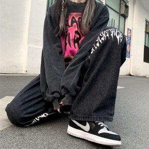 White/Black Baggy Jeans - Y2K Streetwear Fashion