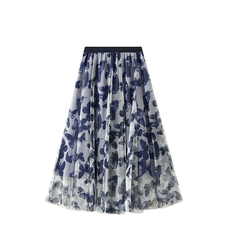 Women's Butterfly Print Mesh Long Skirt