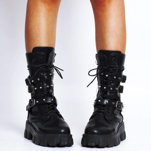 Women's Heel Platform Belt Chunky Biker Boots