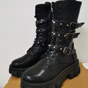 Women's Heel Platform Belt Chunky Biker Boots