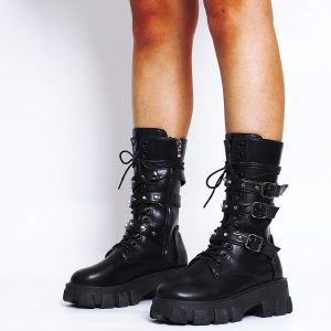 Women's Heel Platform Belt Chunky Biker Boots