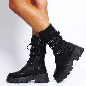 Women's Heel Platform Belt Chunky Biker Boots