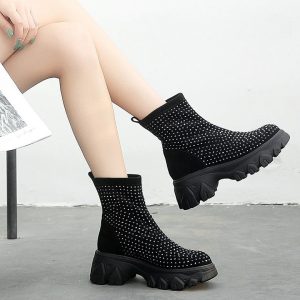 Women's Rhinestone Platform Ankle Boots - Y2K Fashion