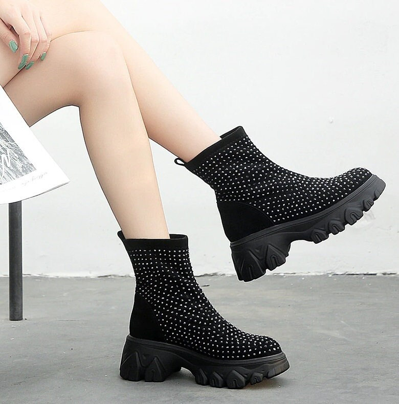 Women's Rhinestone Platform Ankle Boots - Y2K Fashion