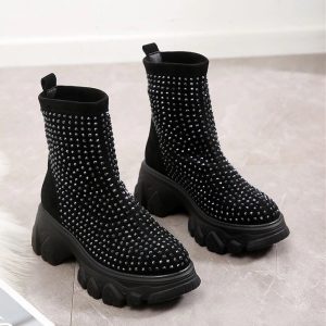 Women's Rhinestone Platform Ankle Boots - Y2K Fashion