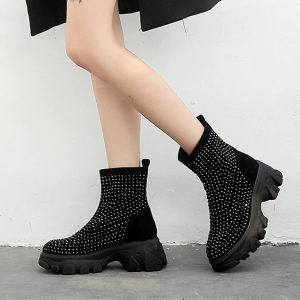 Women's Rhinestone Platform Ankle Boots - Y2K Fashion