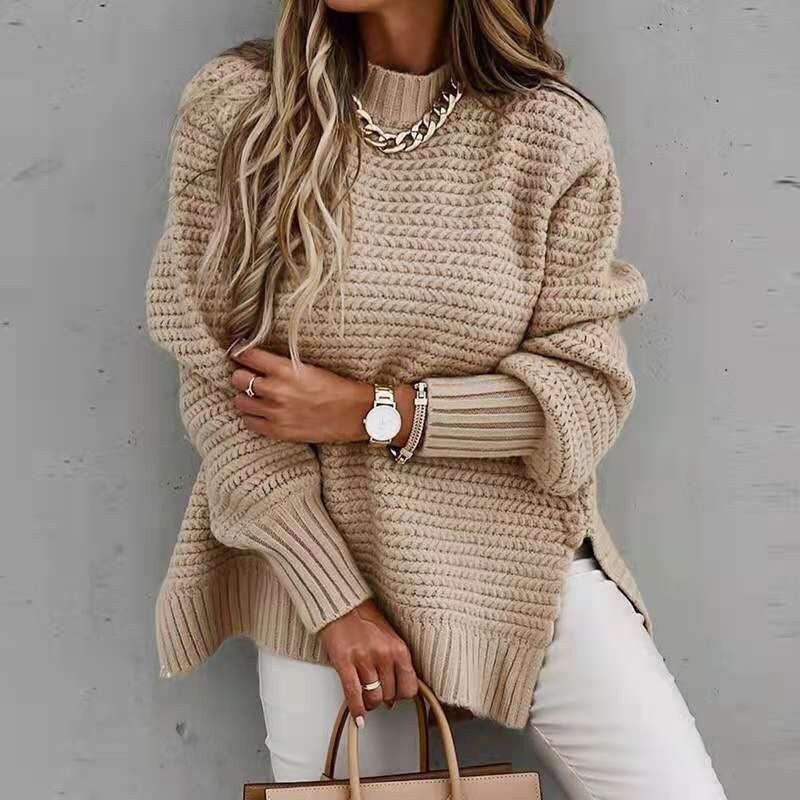 Women Knitted Sweater Mock Neck Casual Loose Pullover