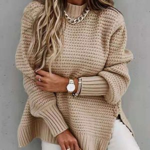 Women Knitted Sweater Mock Neck Casual Loose Pullover