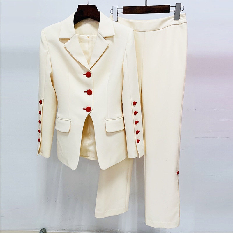 Women Retro Style Buttons Blazer Trousers Suit