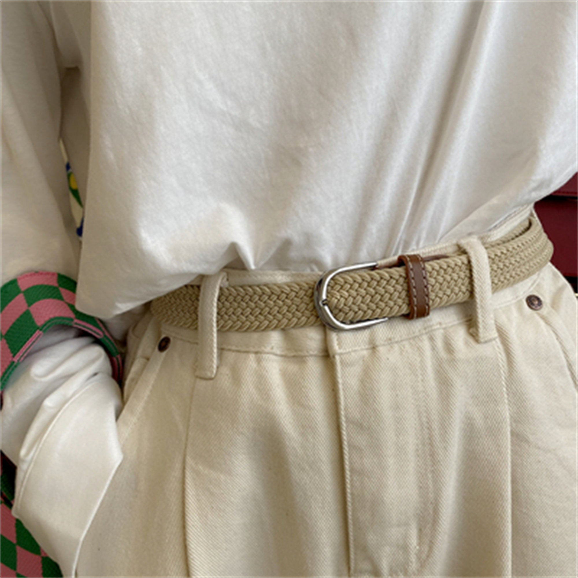 Y2K Beige Hand Woven Elastic Belt with Metal Buckle