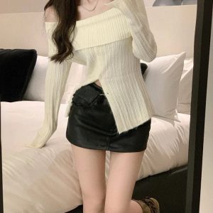 Y2K Beige Lace Off Shoulder Knitted Sweater