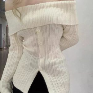 Y2K Beige Lace Off Shoulder Knitted Sweater