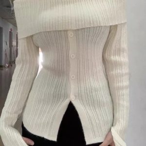 Y2K Beige Lace Off Shoulder Knitted Sweater