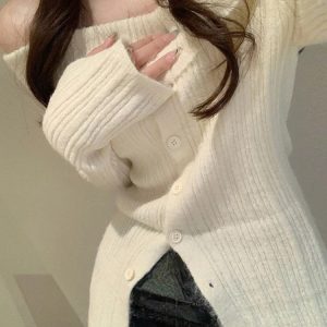 Y2K Beige Lace Off Shoulder Knitted Sweater