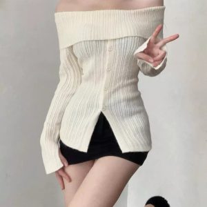 Y2K Beige Lace Off Shoulder Knitted Sweater