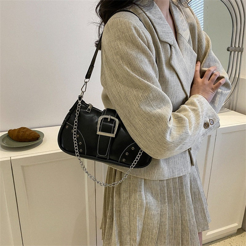 Y2K Belt Crossbody Bag - Black/Brown Moon Shoulder Bag