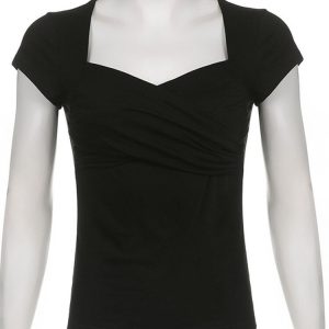 Y2K Black Cross Crop Top with Square Collar - Short Sleeve Cute Chic Tee