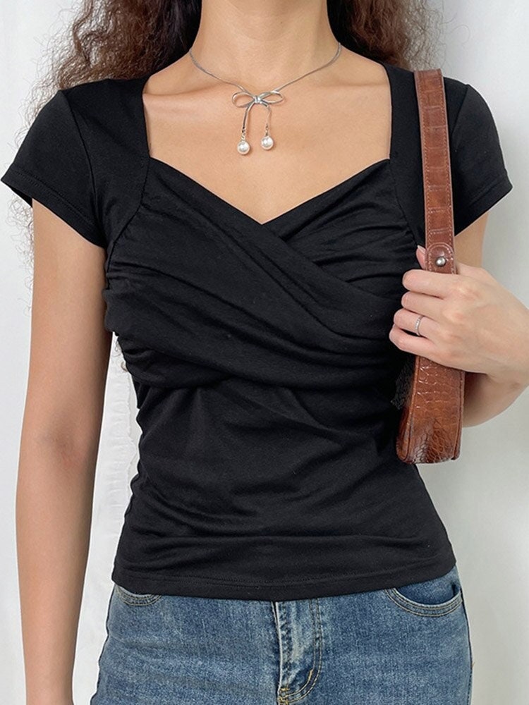 Y2K Black Cross Crop Top with Square Collar - Short Sleeve Cute Chic Tee