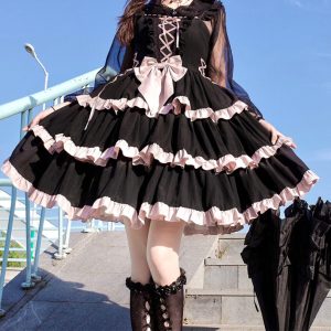 Y2K Black Lolita Dress with Bow - Gothic Style