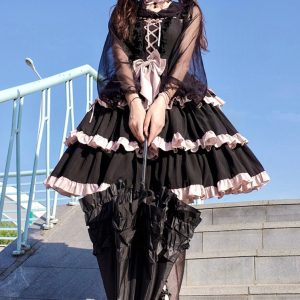 Y2K Black Lolita Dress with Bow - Gothic Style