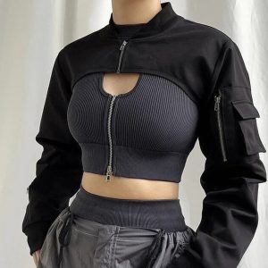 Y2K Black Open Breast Crop Top with Zipper