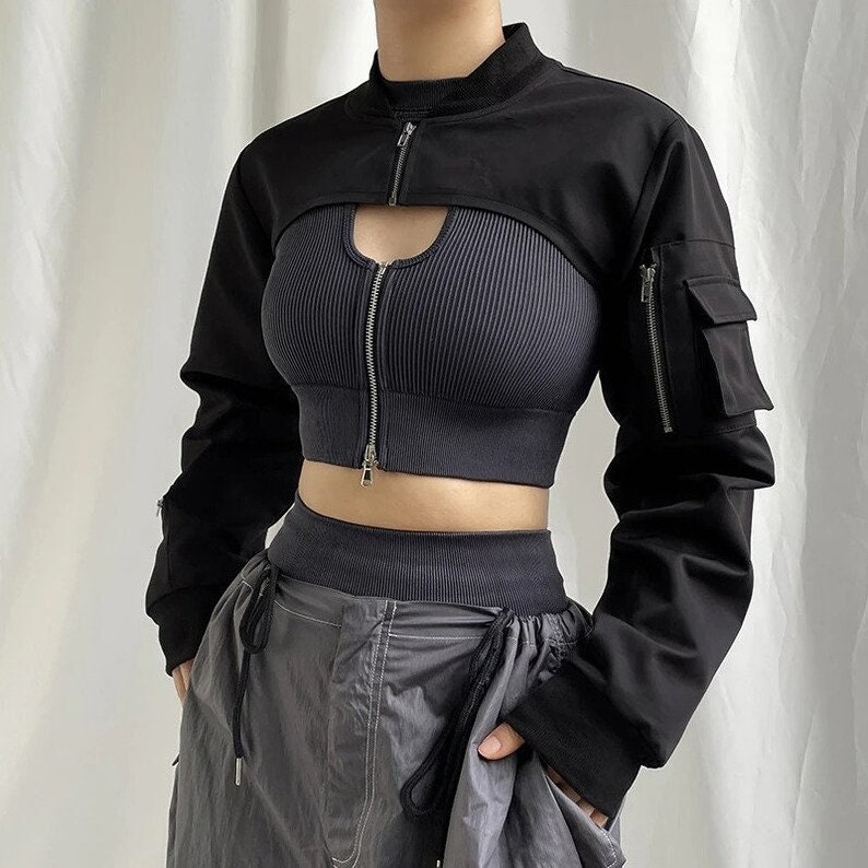 Y2K Black Open Breast Crop Top with Zipper