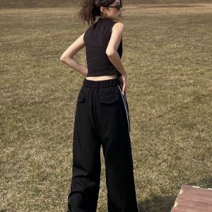 Y2K Black Side Striped Wide Leg Sweatpants