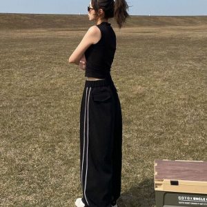 Y2K Black Side Striped Wide Leg Sweatpants