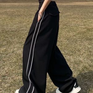 Y2K Black Side Striped Wide Leg Sweatpants